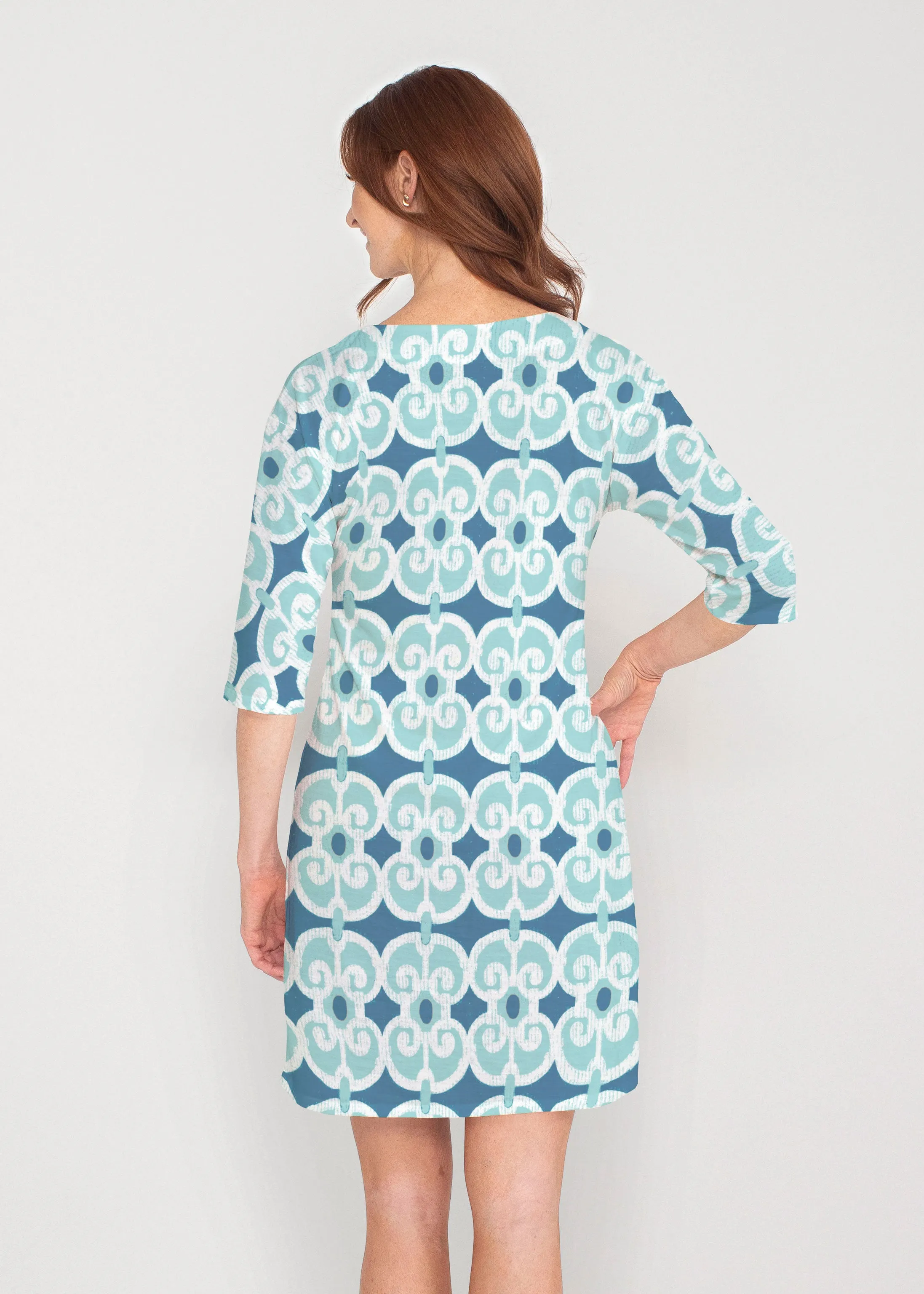 Links Navy Aqua (8133) ~ Drop Shoulder 3/4 Sleeve V-Neck Dress