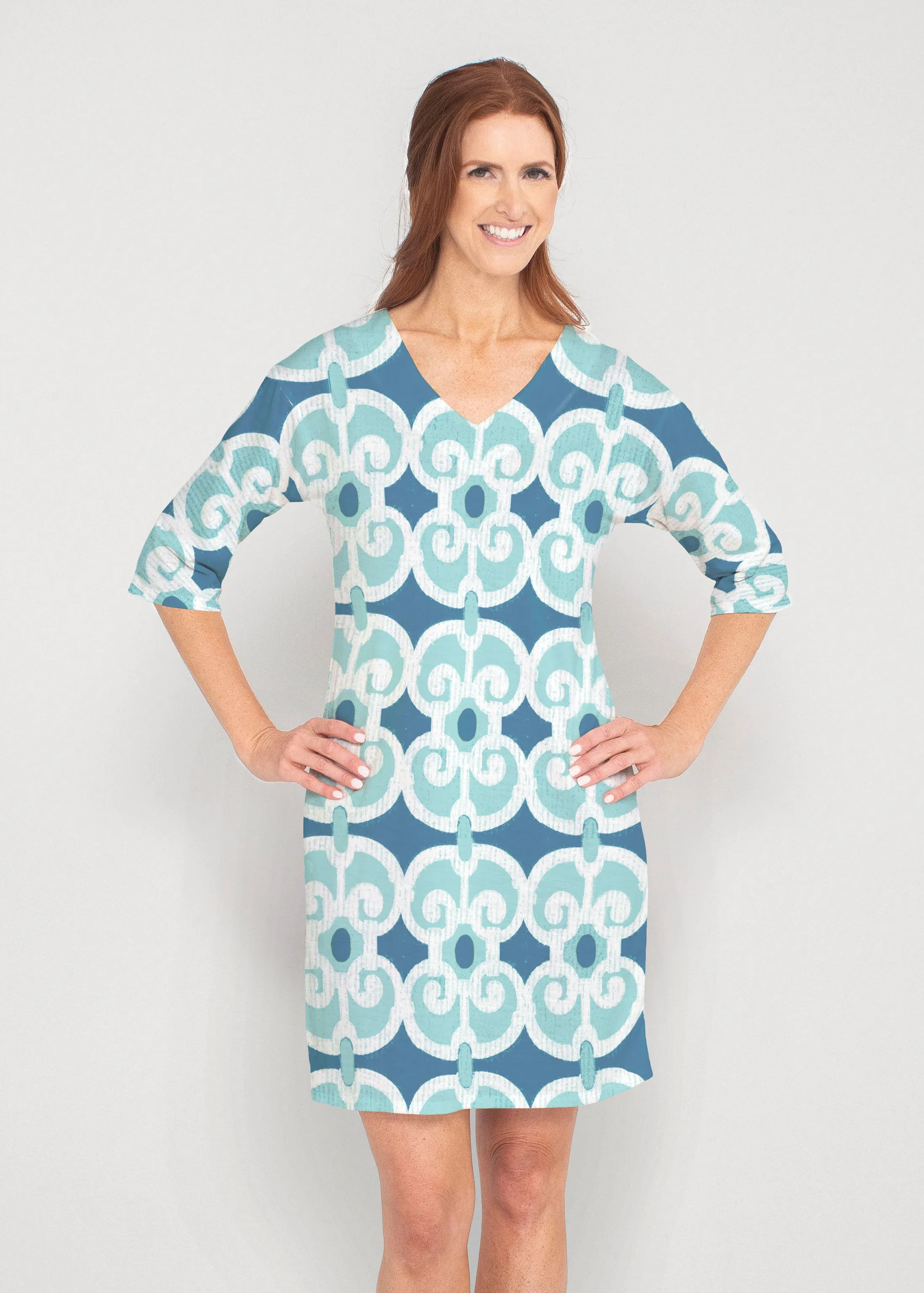 Links Navy Aqua (8133) ~ Drop Shoulder 3/4 Sleeve V-Neck Dress