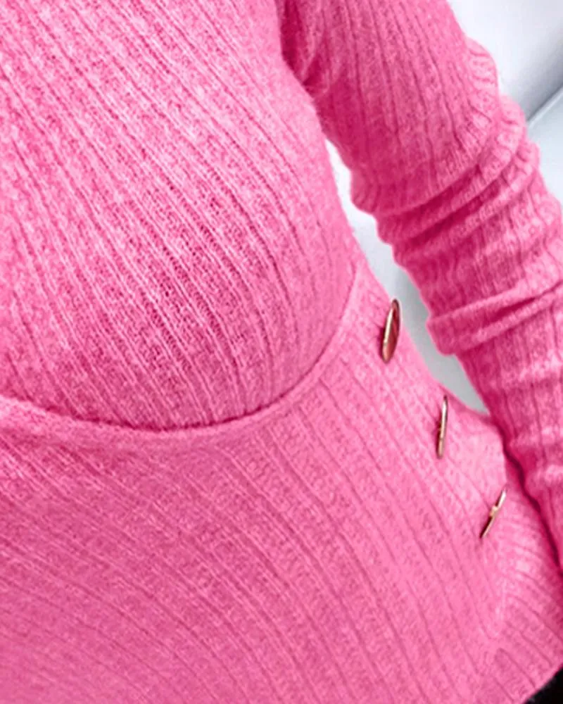 Long Sleeve Buttoned Overlap Knit Sweater