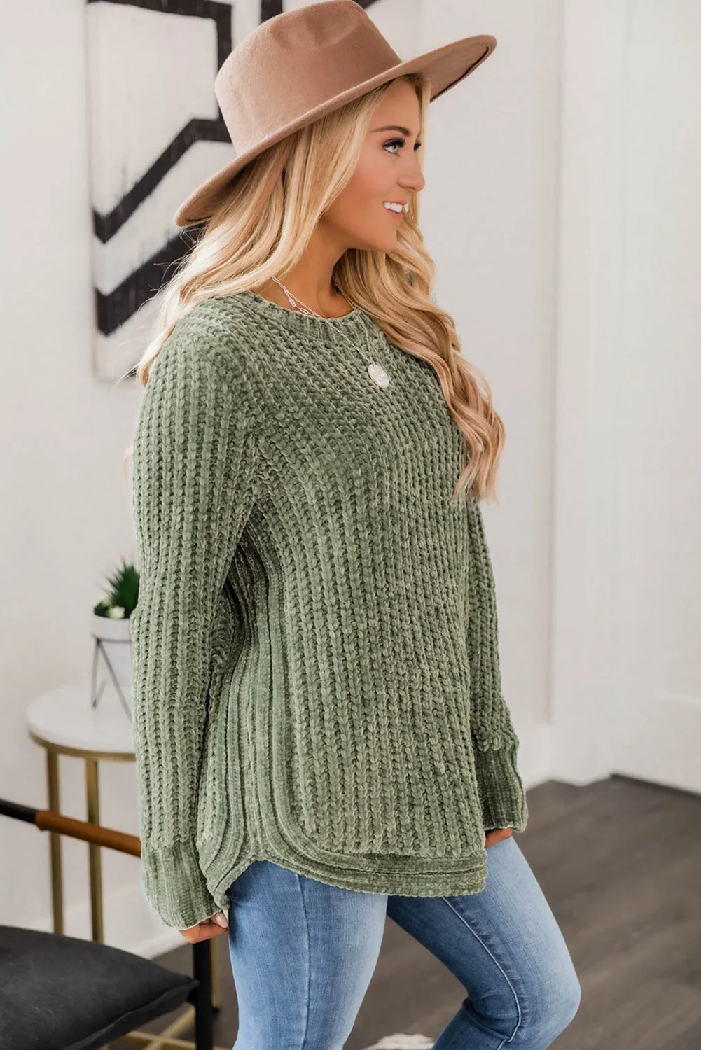 Long Sleeve Round Hem Cable Knit Sweater
