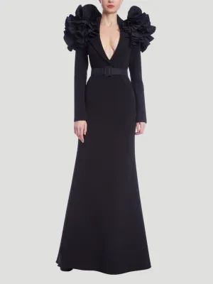 Long Sleeve Ruffle Shoulder Gown