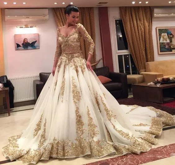 Long Sleeve V-neck Gold Lace Ball Gown White Organza Gorgeous Prom Wedding Dresses, PD0535