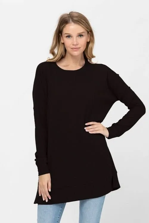 Long Sleeve Waffle Knit Sweater Round Neck Solid Color Pullover Dress