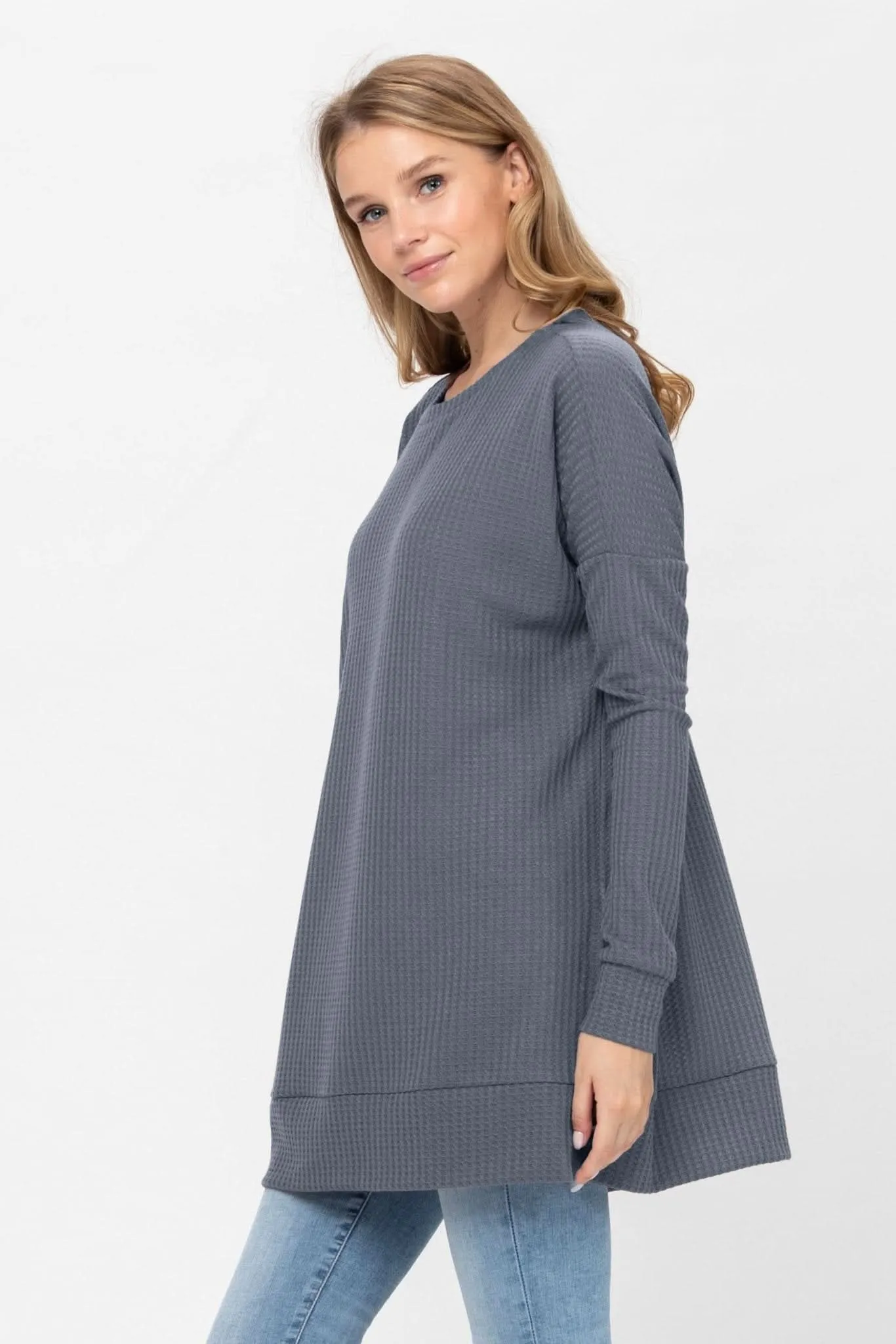 Long Sleeve Waffle Knit Sweater Round Neck Solid Color Pullover Dress