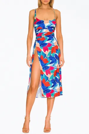 LORENZA OPEN-BACK SATIN MIDI DRESS