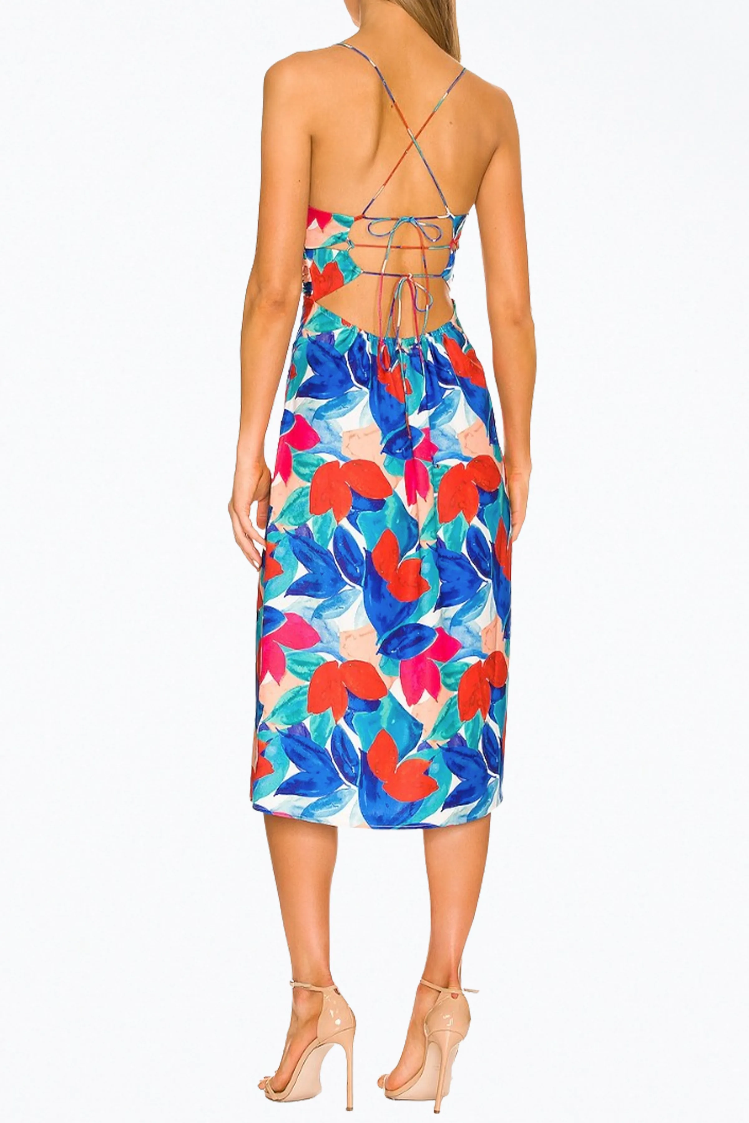 LORENZA OPEN-BACK SATIN MIDI DRESS