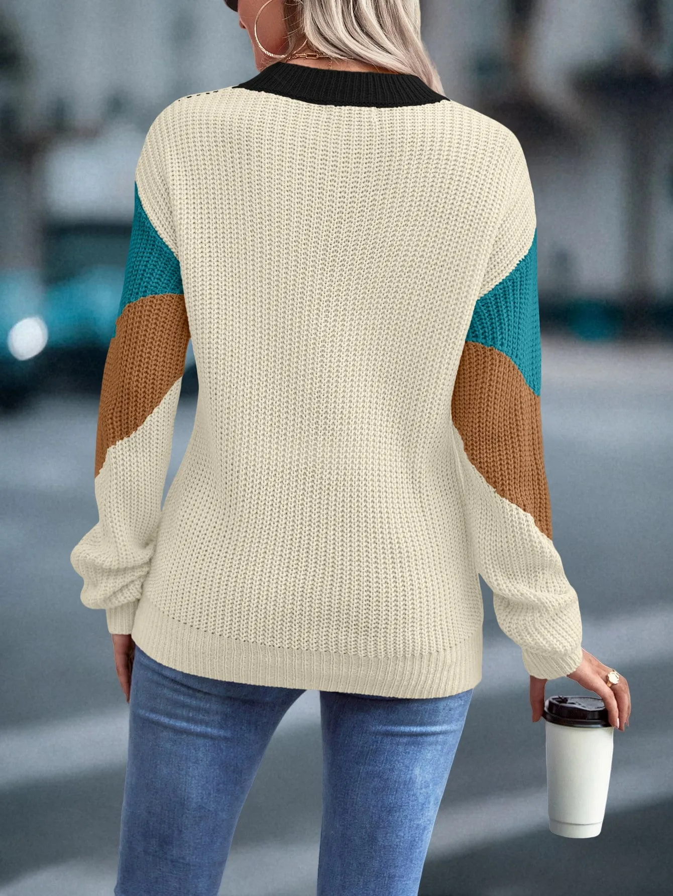LUNE Color Block Chevron Pattern Drop Shoulder Sweater