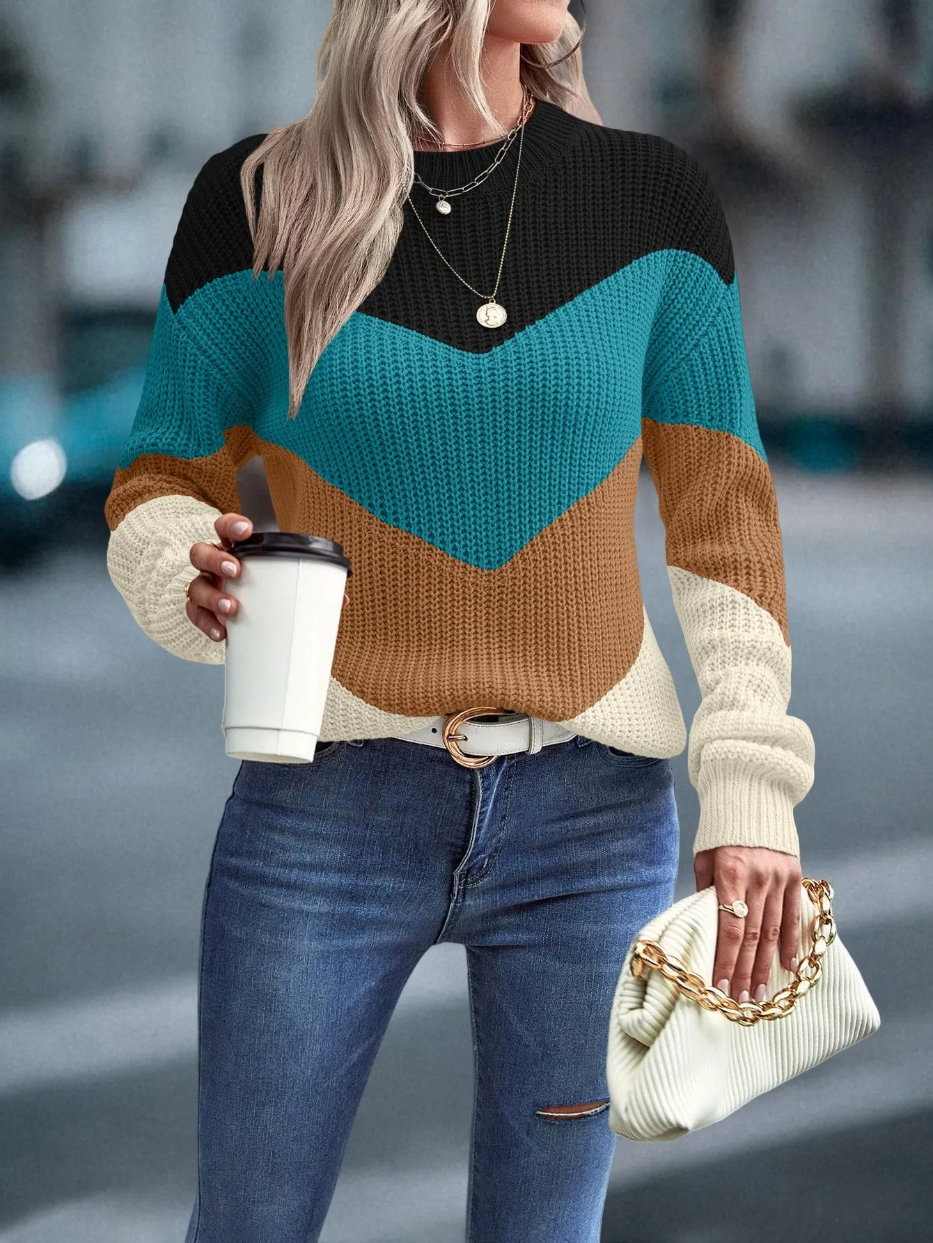 LUNE Color Block Chevron Pattern Drop Shoulder Sweater