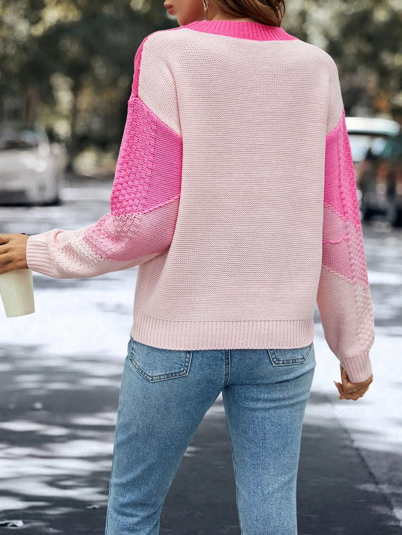 LUNE Color Block Chevron Pattern Drop Shoulder Sweater