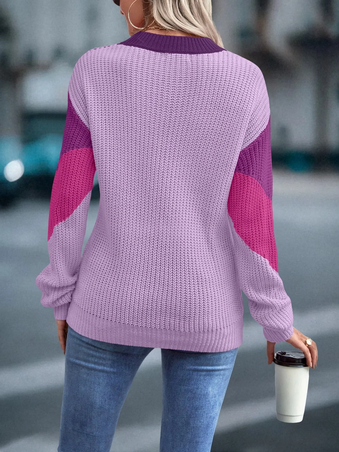 LUNE Color Block Chevron Pattern Drop Shoulder Sweater