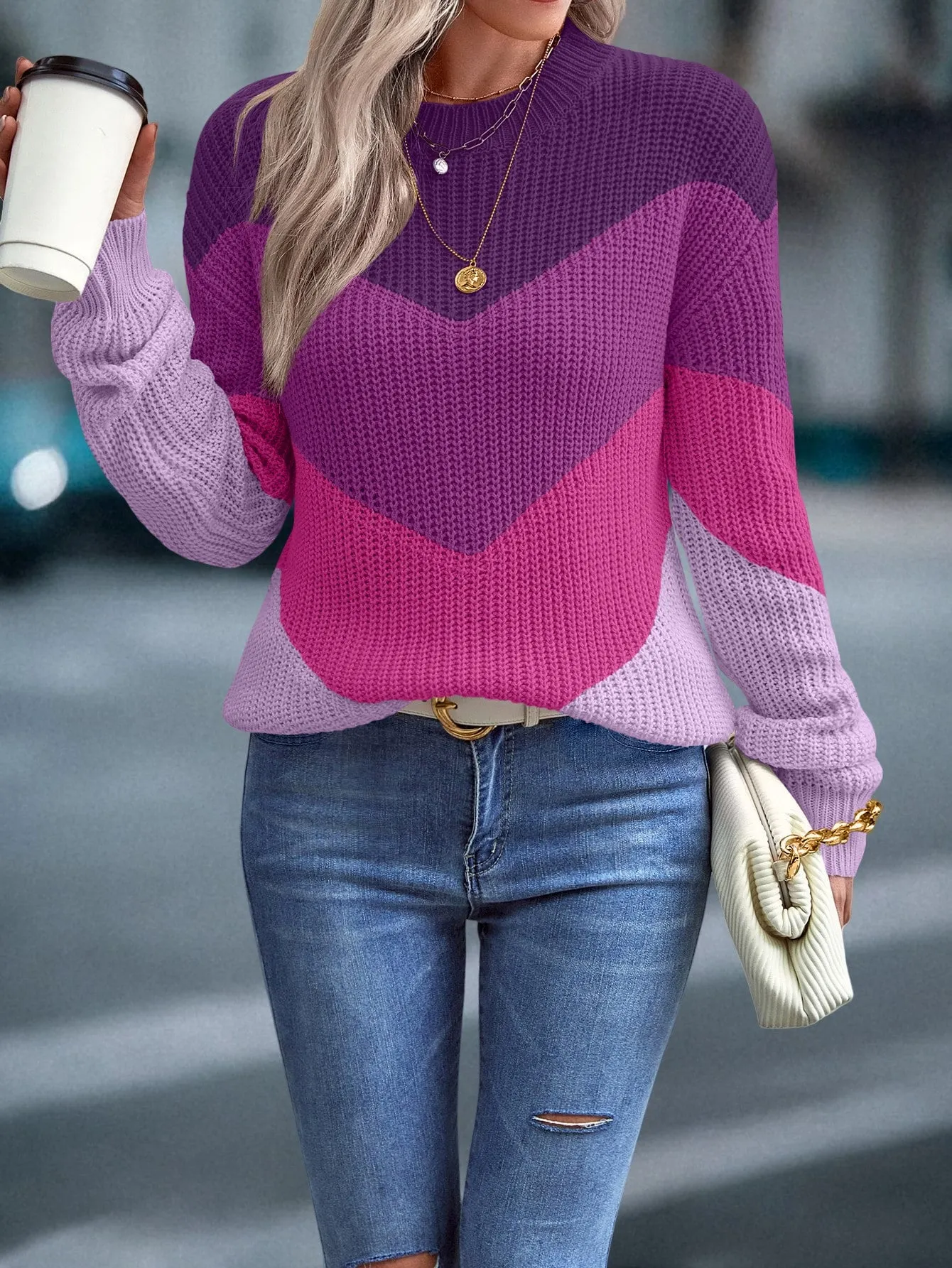 LUNE Color Block Chevron Pattern Drop Shoulder Sweater