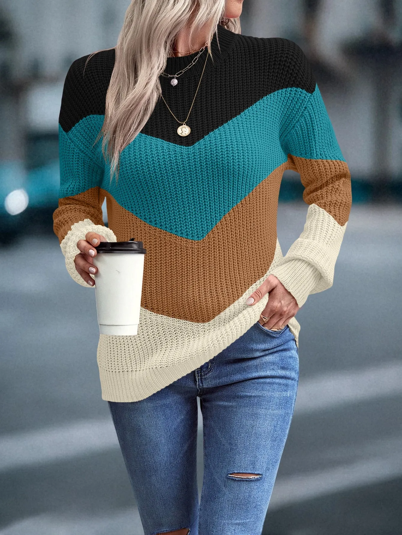 LUNE Color Block Chevron Pattern Drop Shoulder Sweater