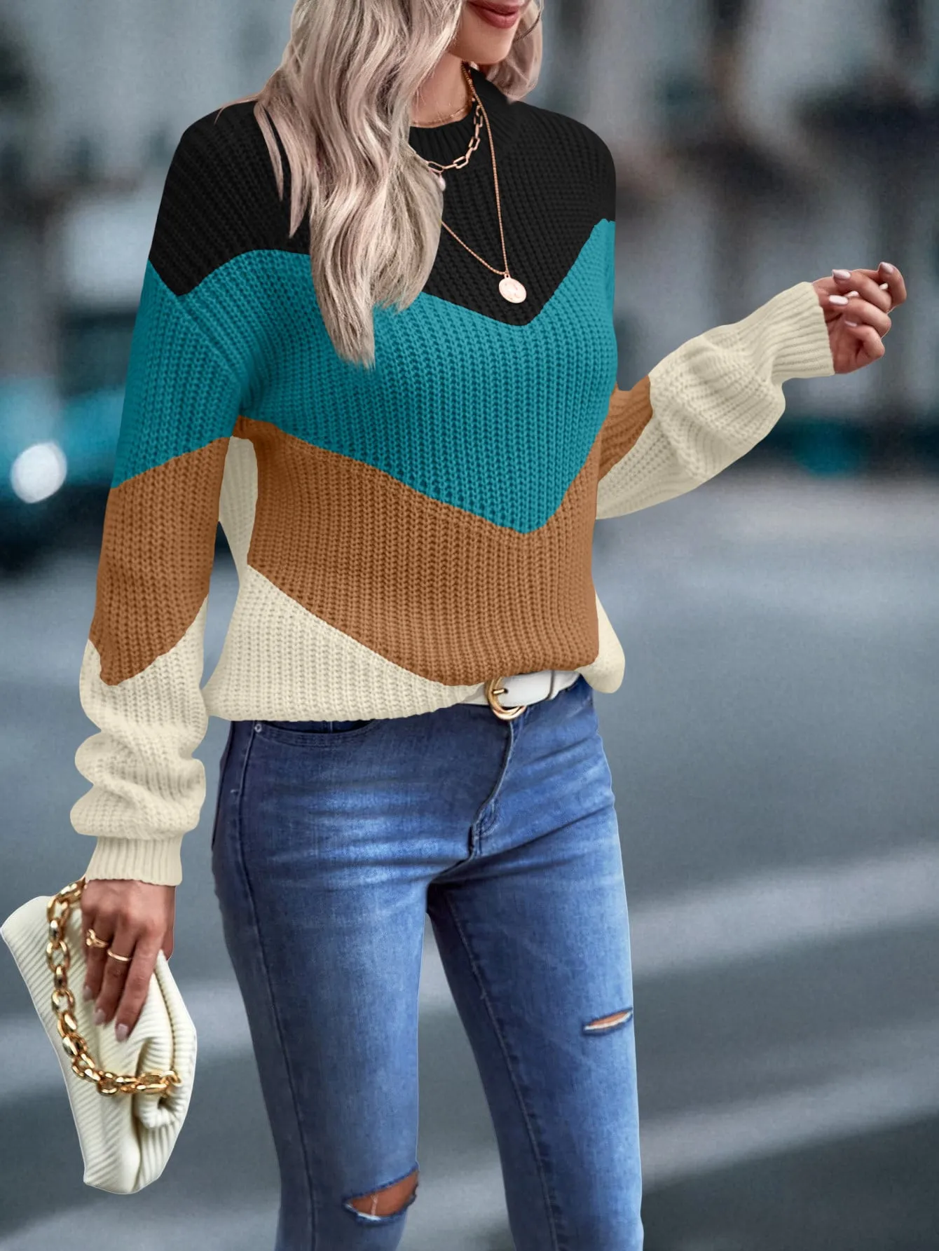 LUNE Color Block Chevron Pattern Drop Shoulder Sweater