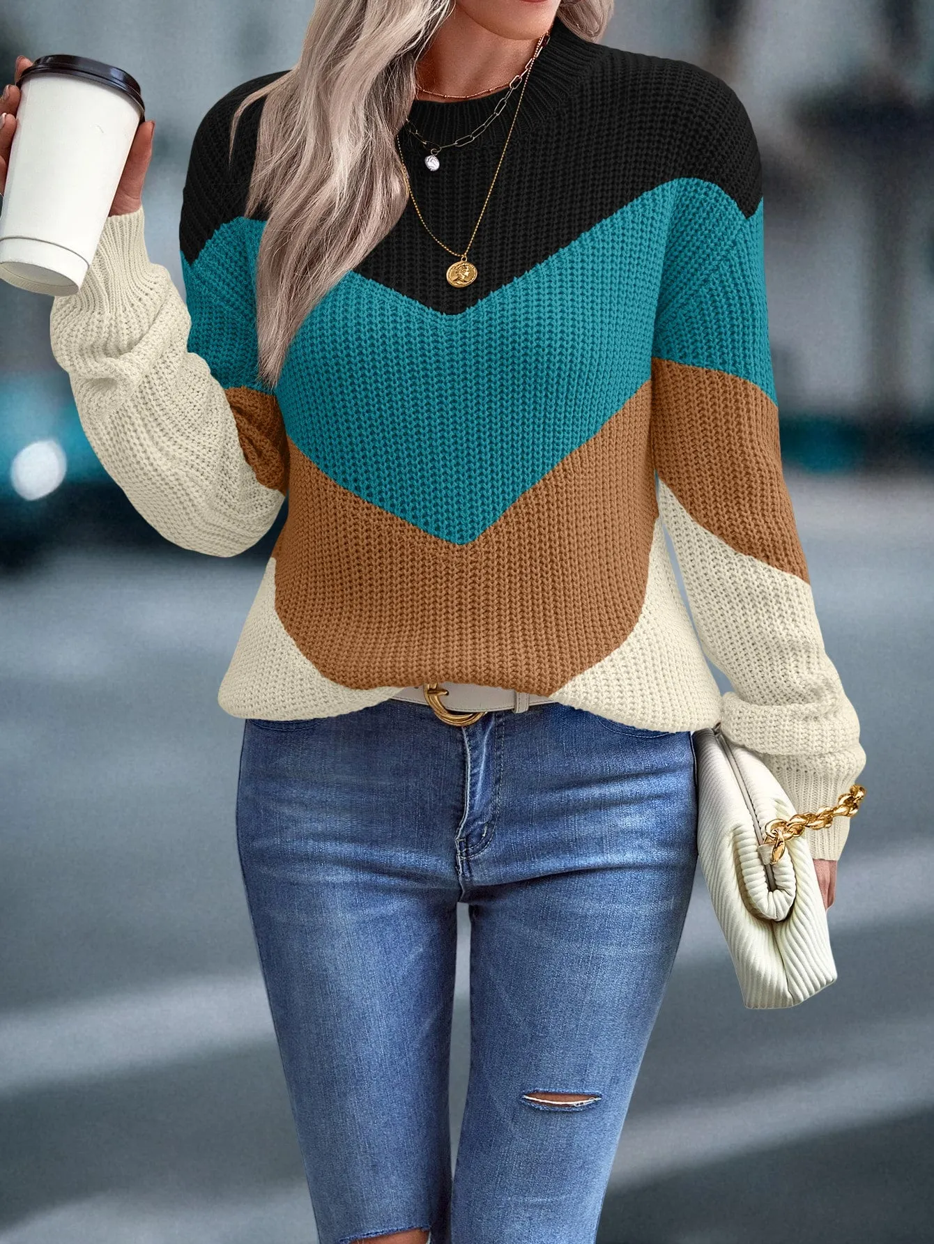 LUNE Color Block Chevron Pattern Drop Shoulder Sweater