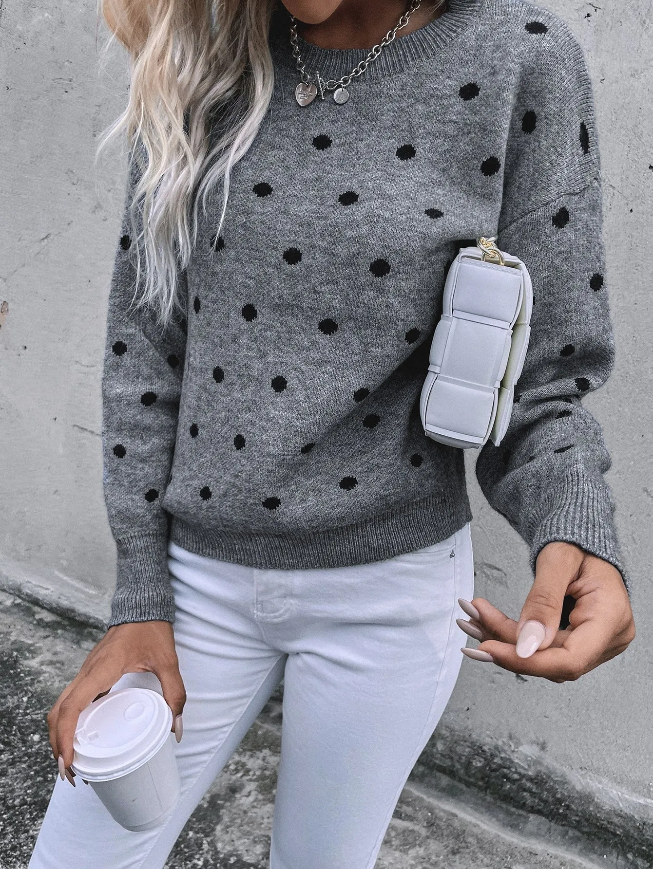 LUNE Polka Dot Drop Shoulder Sweater