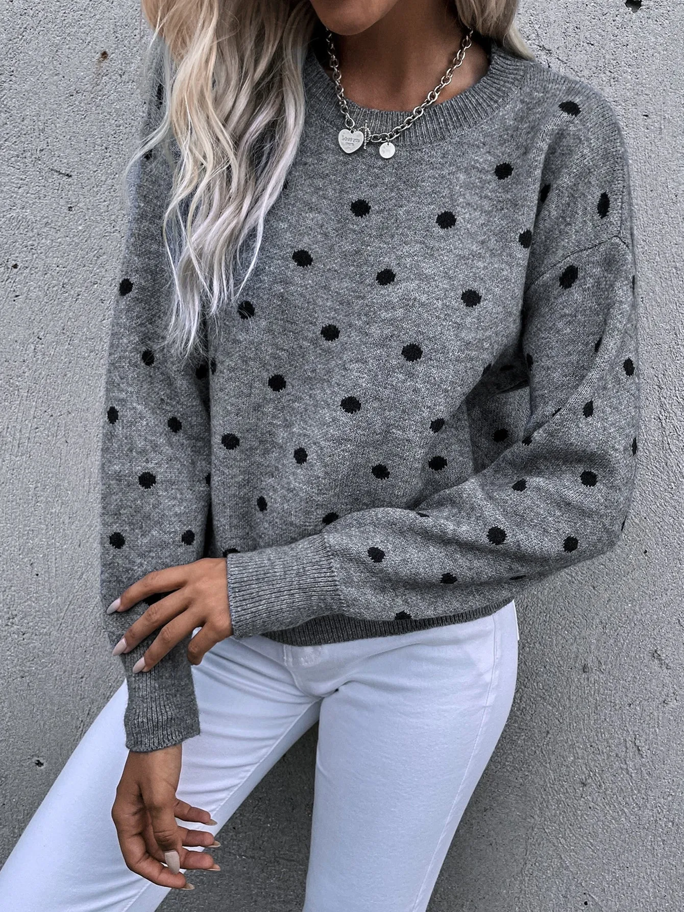 LUNE Polka Dot Drop Shoulder Sweater