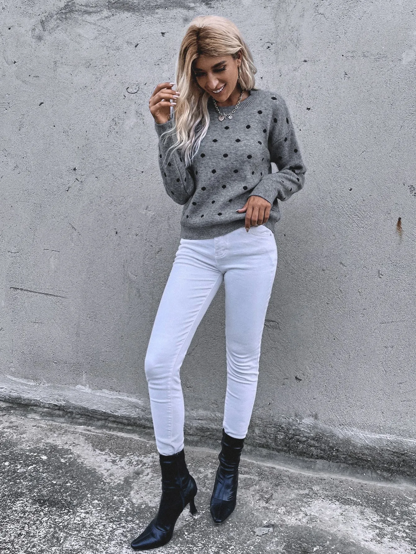 LUNE Polka Dot Drop Shoulder Sweater