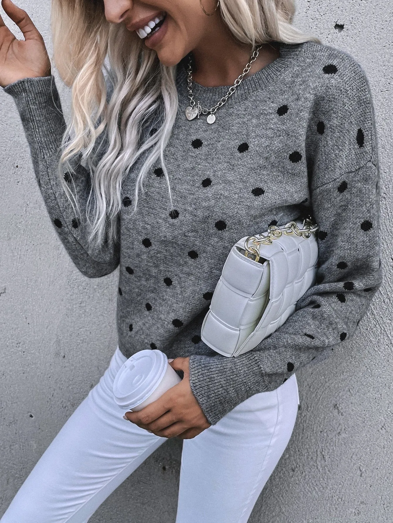 LUNE Polka Dot Drop Shoulder Sweater