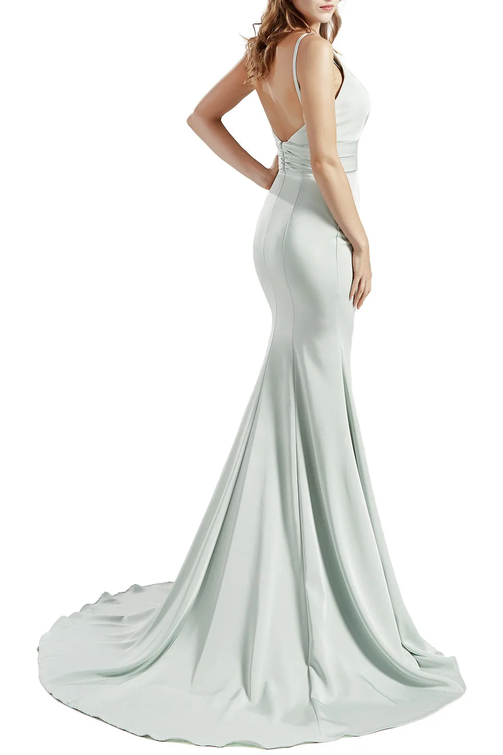 MACloth Women Long V Neck Crepe Mermaid Prom Party Dresses Evening Gown