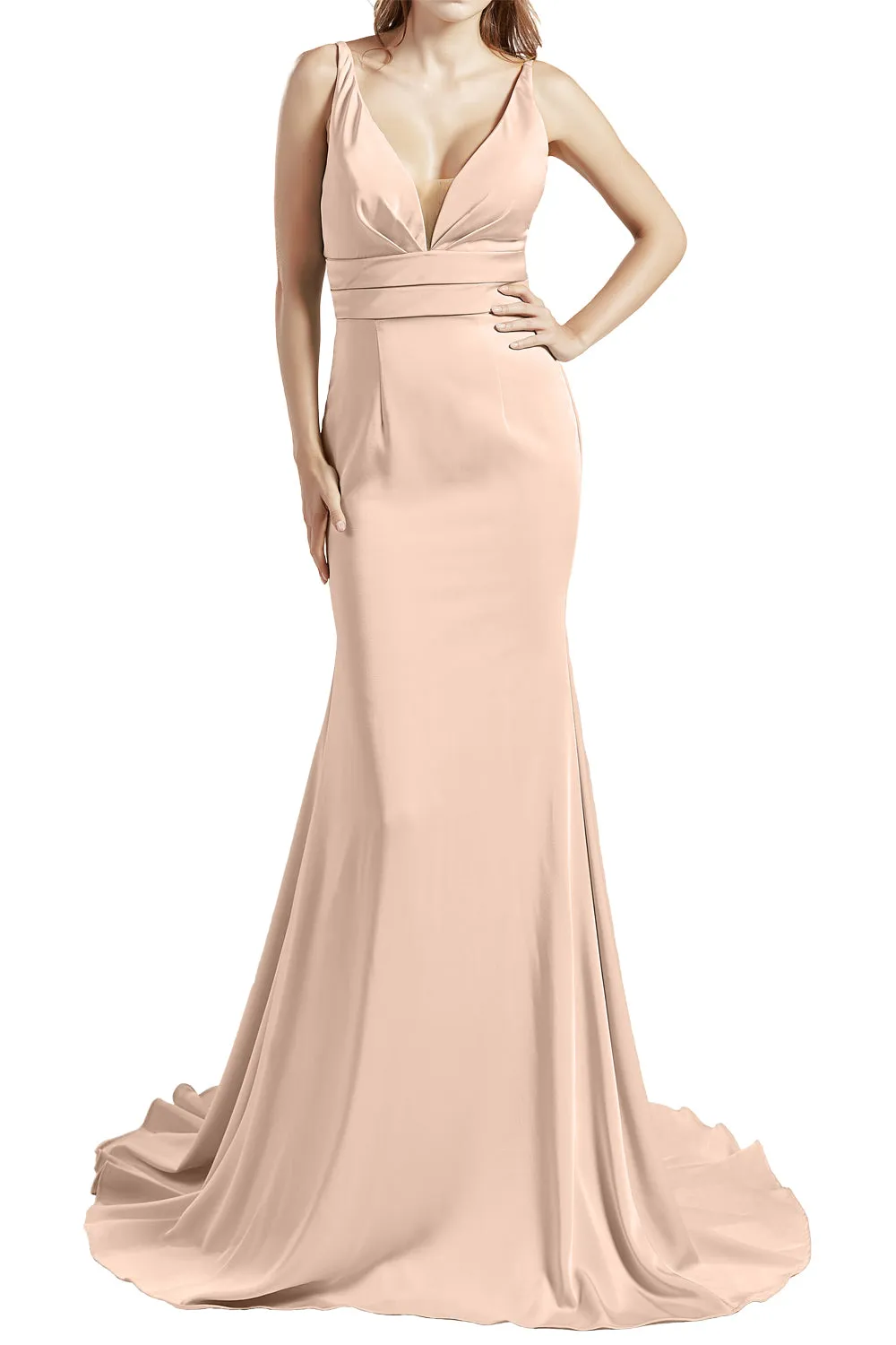 MACloth Women Long V Neck Crepe Mermaid Prom Party Dresses Evening Gown