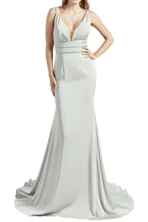 MACloth Women Long V Neck Crepe Mermaid Prom Party Dresses Evening Gown