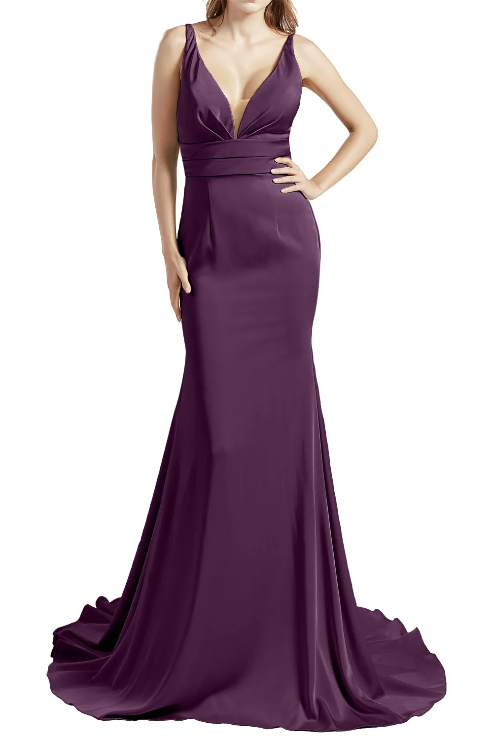MACloth Women Long V Neck Crepe Mermaid Prom Party Dresses Evening Gown