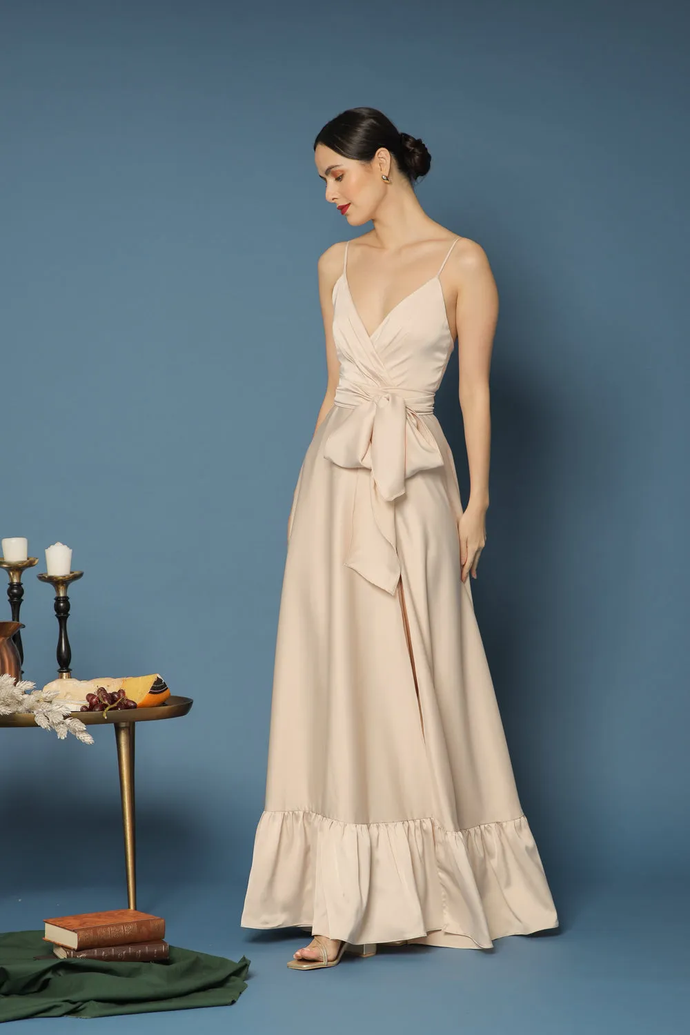MARGARITA Deep V Maxi with High Slit Skirt and Ruffled Hem with Detachable Waist Tie (Light Nude Silk)