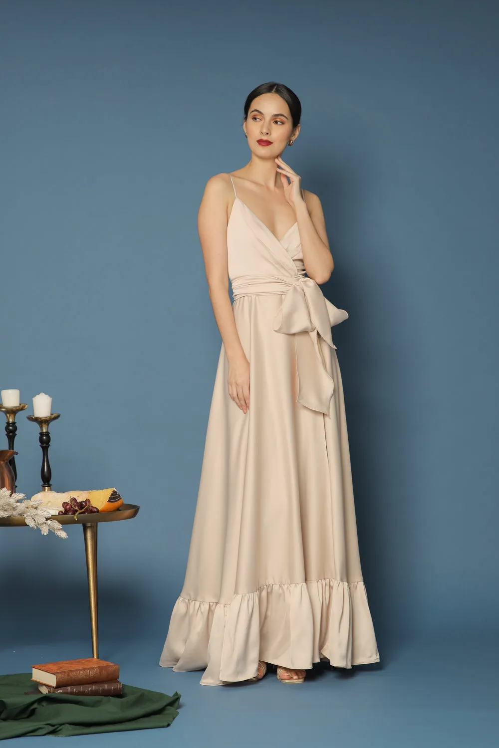 MARGARITA Deep V Maxi with High Slit Skirt and Ruffled Hem with Detachable Waist Tie (Light Nude Silk)
