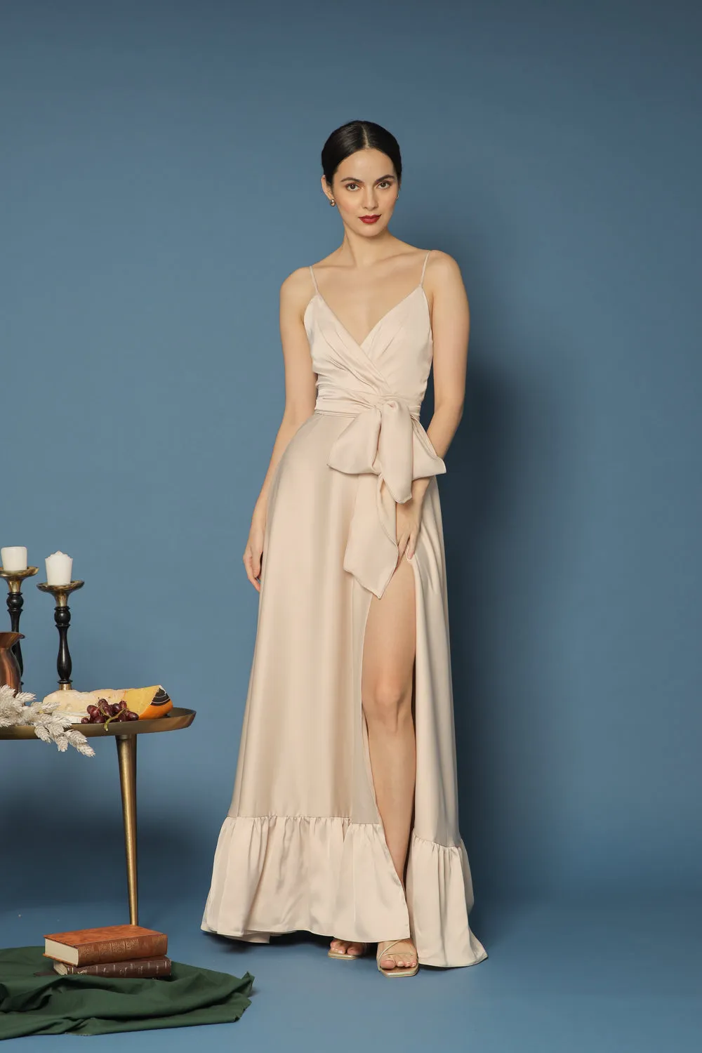 MARGARITA Deep V Maxi with High Slit Skirt and Ruffled Hem with Detachable Waist Tie (Light Nude Silk)