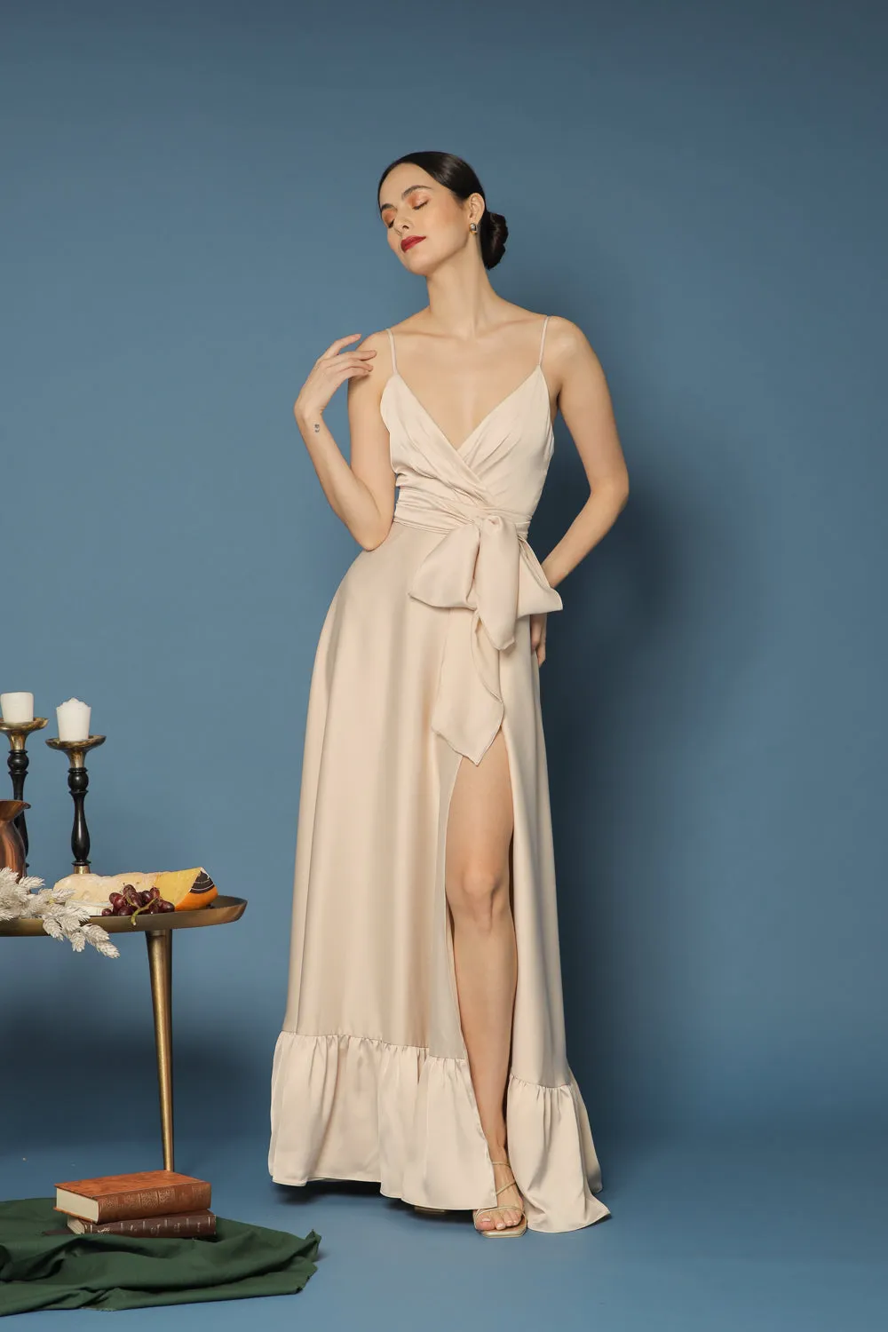 MARGARITA Deep V Maxi with High Slit Skirt and Ruffled Hem with Detachable Waist Tie (Light Nude Silk)