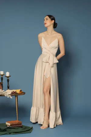 MARGARITA Deep V Maxi with High Slit Skirt and Ruffled Hem with Detachable Waist Tie (Light Nude Silk)