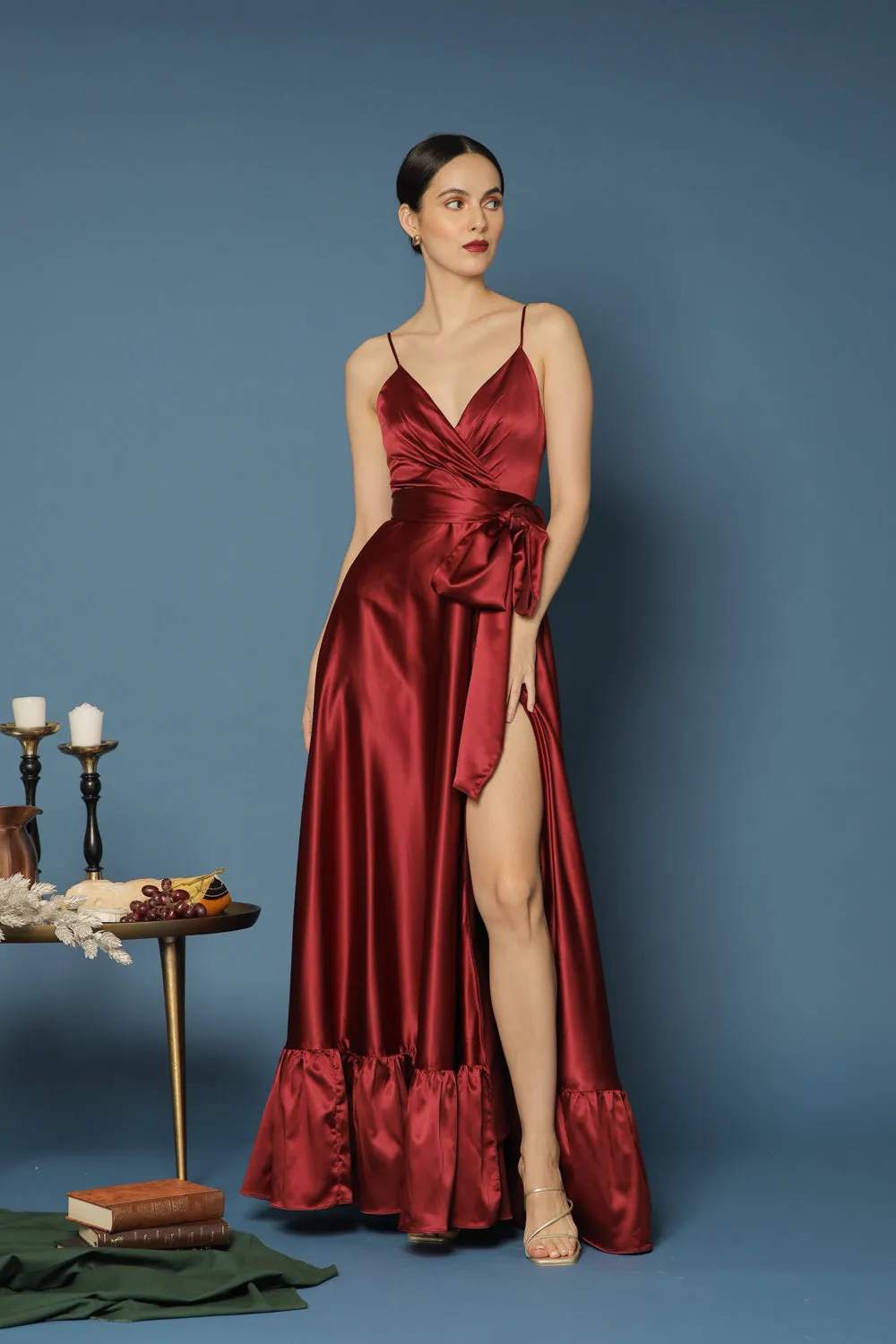 MARGARITA Deep V Maxi with High Slit Skirt and Ruffled Hem with Detachable Waist Tie (Maroon Silk)