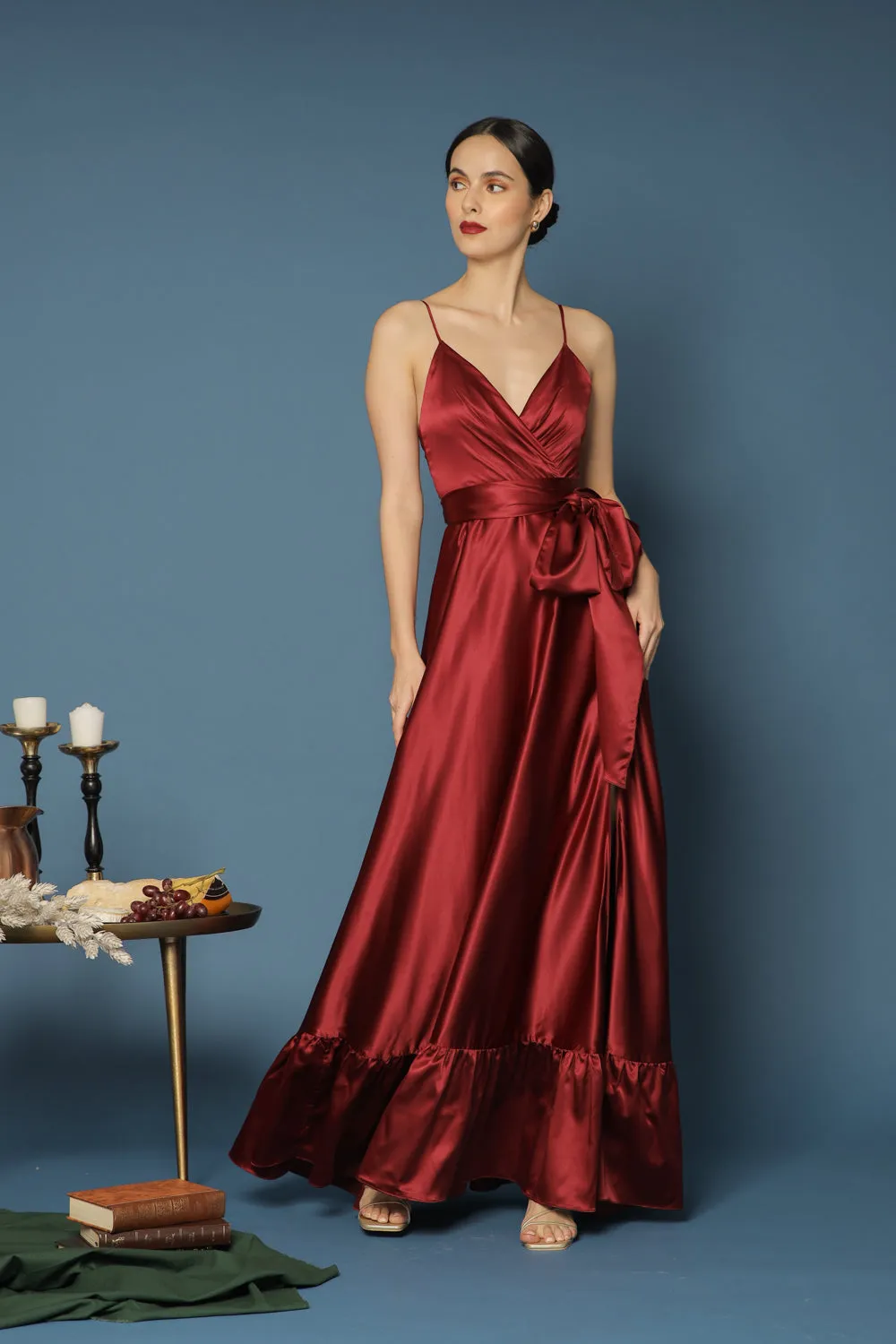 MARGARITA Deep V Maxi with High Slit Skirt and Ruffled Hem with Detachable Waist Tie (Maroon Silk)
