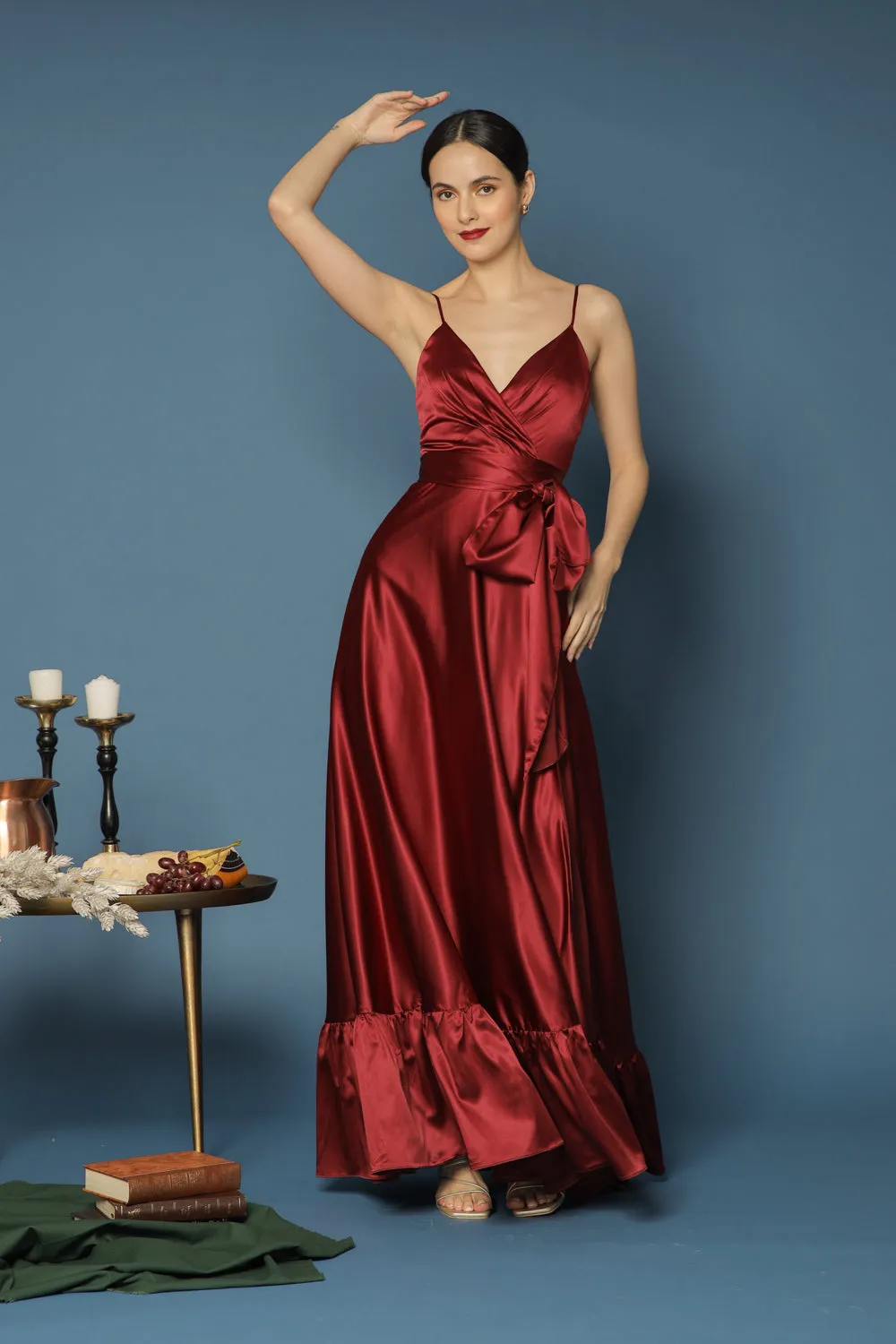 MARGARITA Deep V Maxi with High Slit Skirt and Ruffled Hem with Detachable Waist Tie (Maroon Silk)