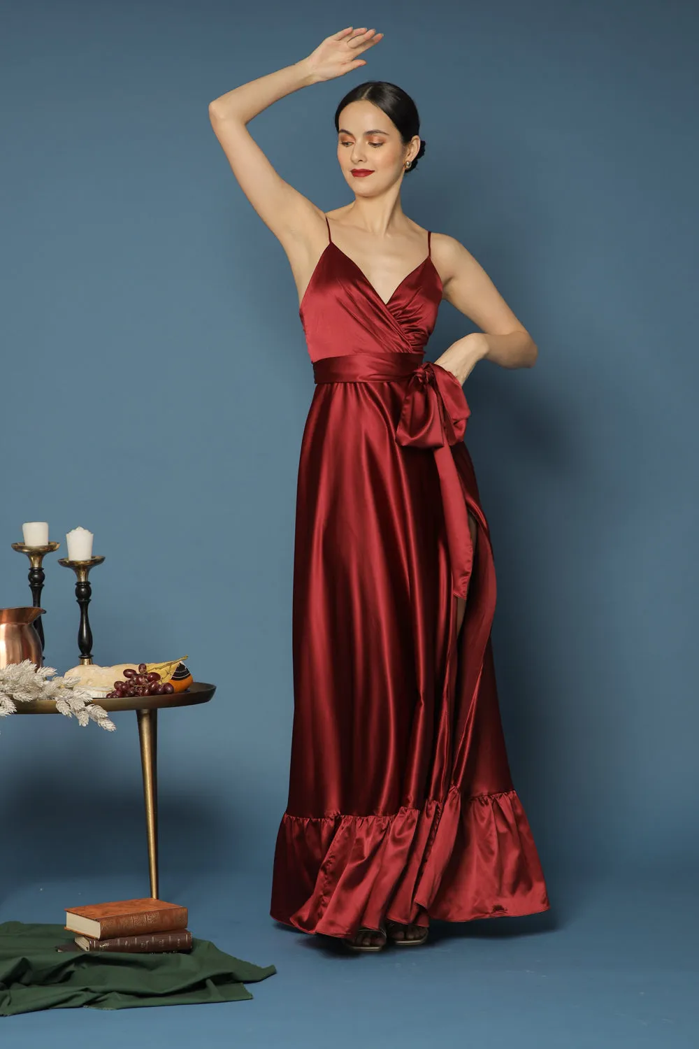 MARGARITA Deep V Maxi with High Slit Skirt and Ruffled Hem with Detachable Waist Tie (Maroon Silk)