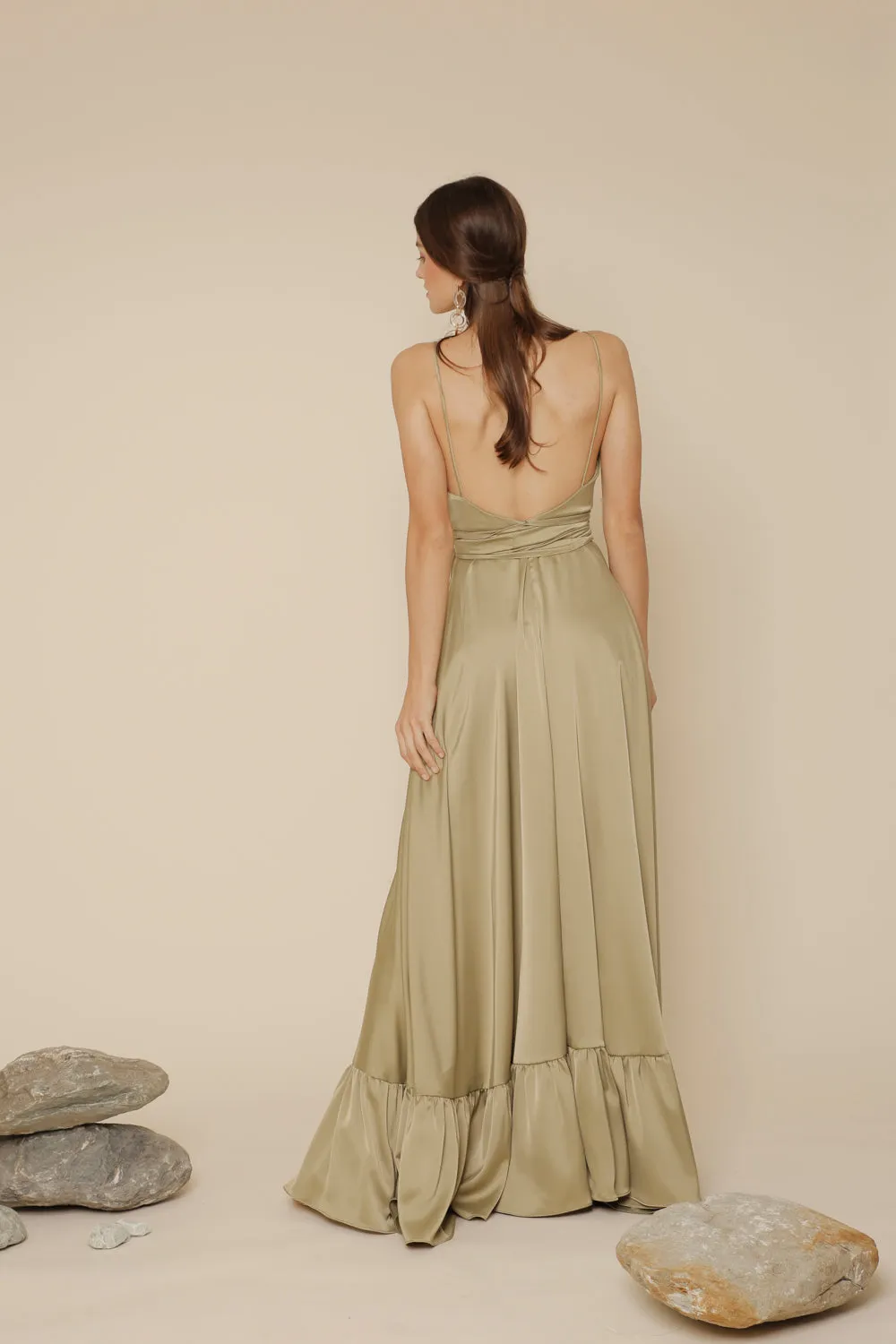 MARGARITA Deep V Maxi with High Slit Skirt and Ruffled Hem with Detachable Waist Tie (Olive Silk Crepe)