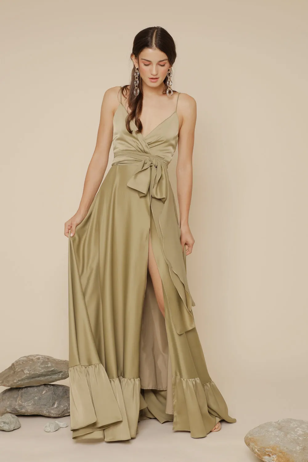 MARGARITA Deep V Maxi with High Slit Skirt and Ruffled Hem with Detachable Waist Tie (Olive Silk Crepe)