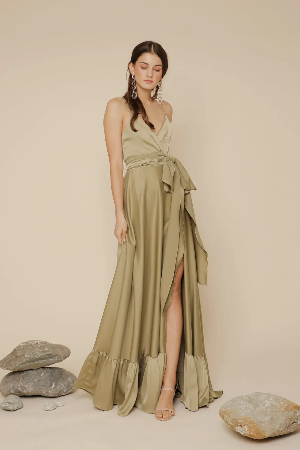 MARGARITA Deep V Maxi with High Slit Skirt and Ruffled Hem with Detachable Waist Tie (Olive Silk Crepe)
