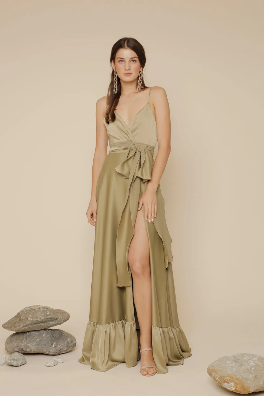 MARGARITA Deep V Maxi with High Slit Skirt and Ruffled Hem with Detachable Waist Tie (Olive Silk Crepe)