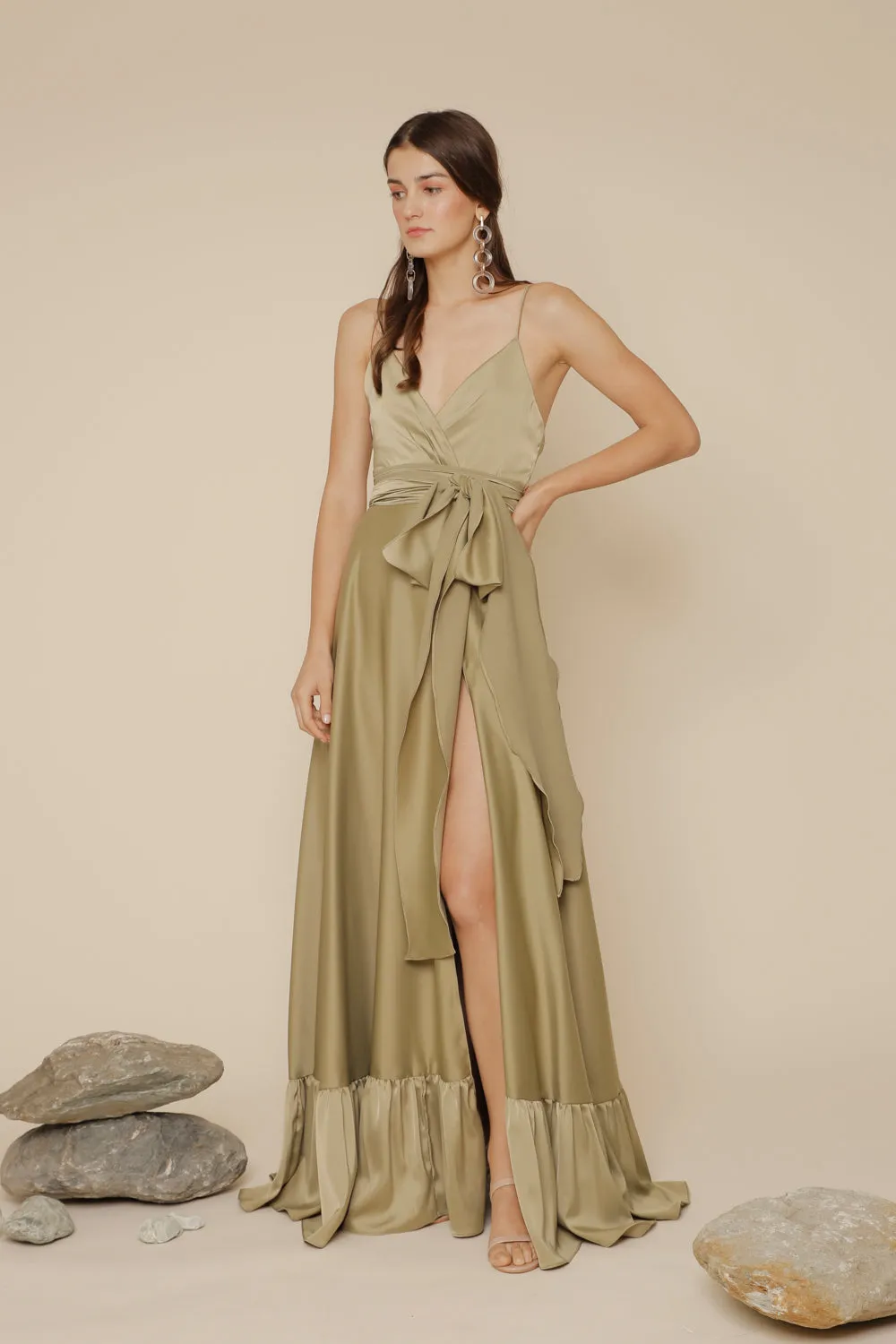 MARGARITA Deep V Maxi with High Slit Skirt and Ruffled Hem with Detachable Waist Tie (Olive Silk Crepe)