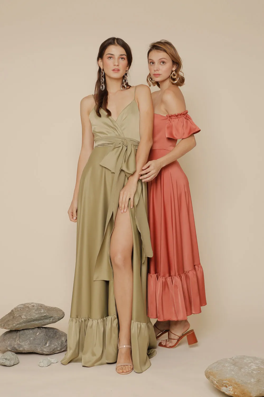 MARGARITA Deep V Maxi with High Slit Skirt and Ruffled Hem with Detachable Waist Tie (Olive Silk Crepe)