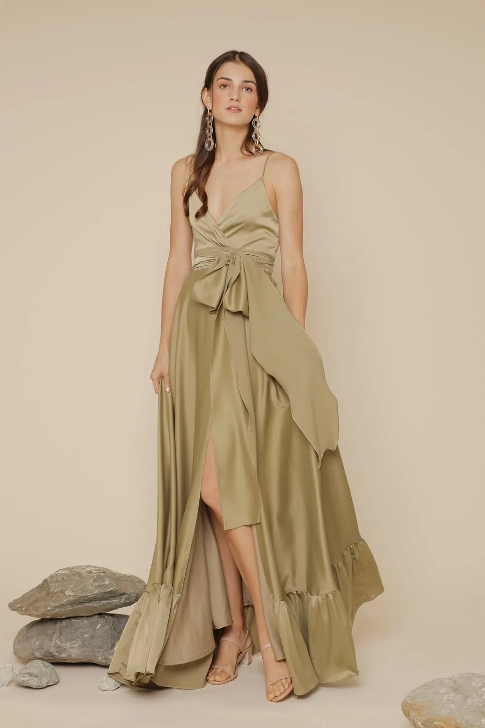 MARGARITA Deep V Maxi with High Slit Skirt and Ruffled Hem with Detachable Waist Tie (Olive Silk Crepe)