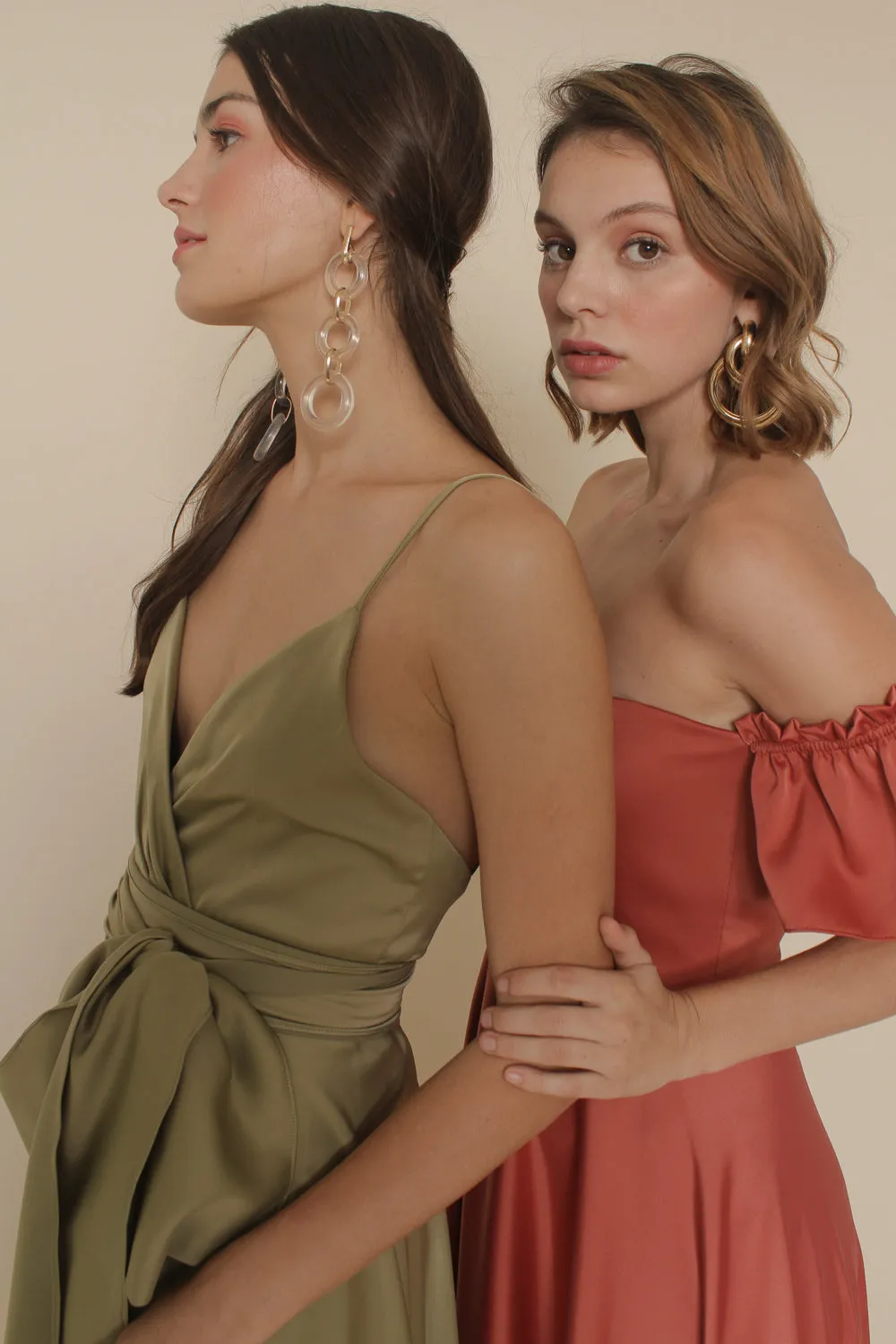 MARGARITA Deep V Maxi with High Slit Skirt and Ruffled Hem with Detachable Waist Tie (Olive Silk Crepe)