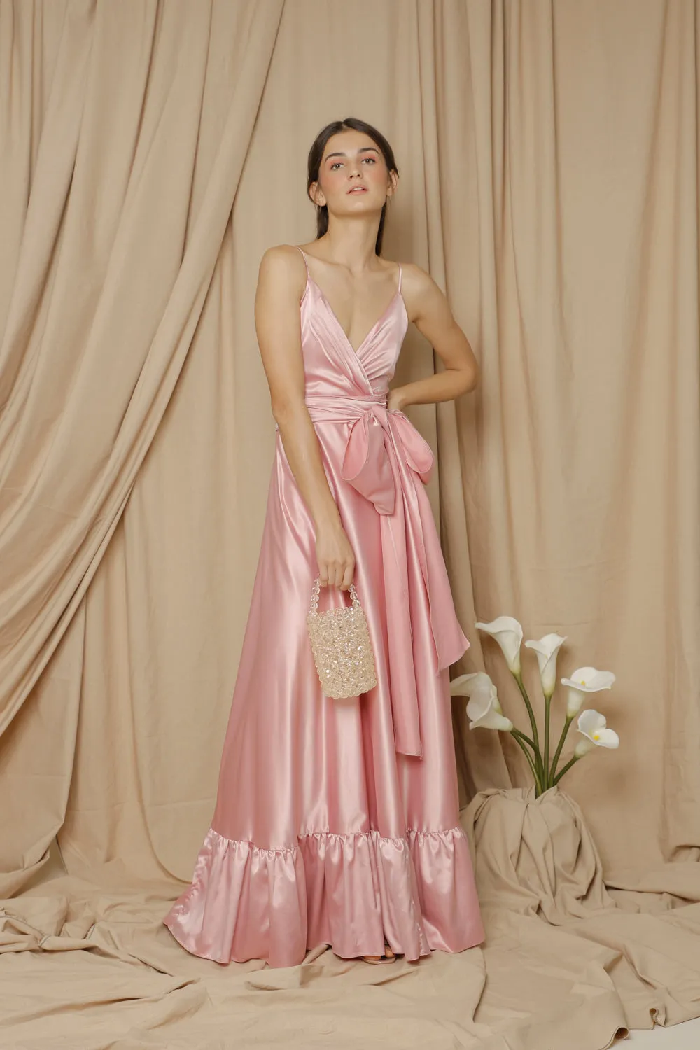 MARGARITA Deep V Maxi with High Slit Skirt and Ruffled Hem with Detachable Waist Tie (Rose Pink Silk)