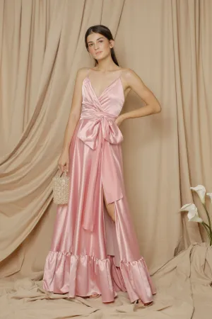 MARGARITA Deep V Maxi with High Slit Skirt and Ruffled Hem with Detachable Waist Tie (Rose Pink Silk)