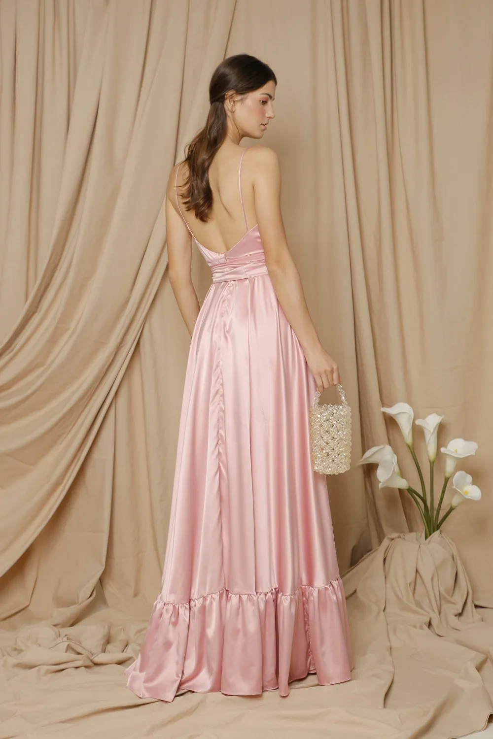 MARGARITA Deep V Maxi with High Slit Skirt and Ruffled Hem with Detachable Waist Tie (Rose Pink Silk)