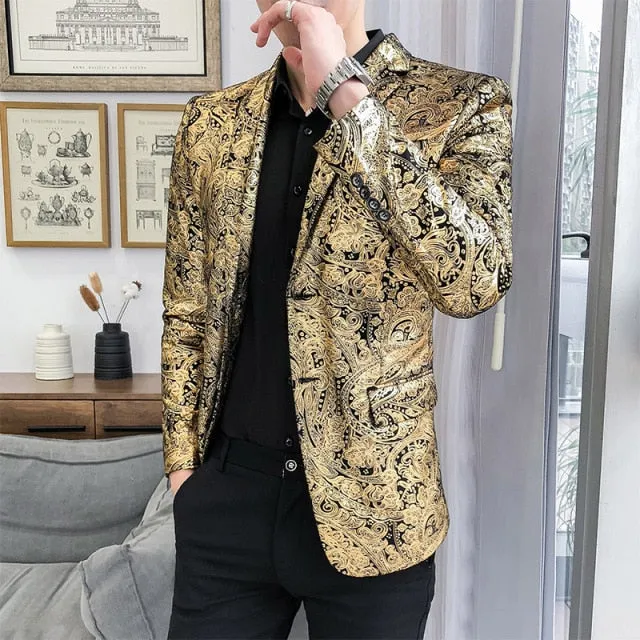 Men Paisley Floral Jackets Wine Red Golden Stage Suit Jacket Elegant Wedding Mens Blazer