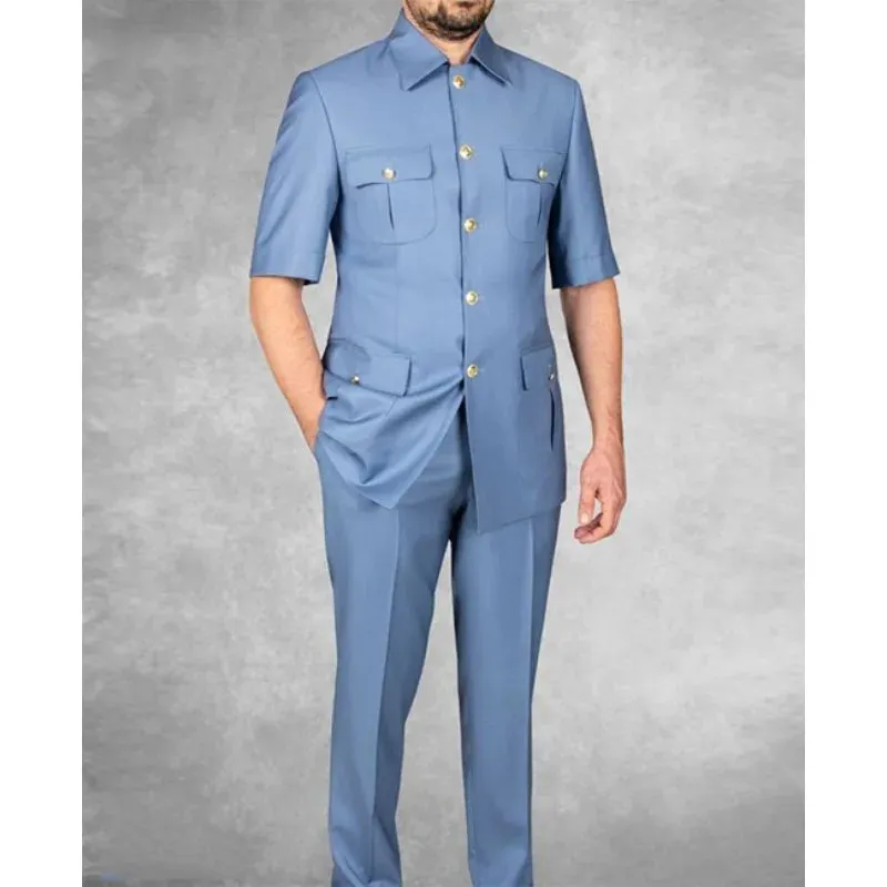 Men's Blazers Suits Casual Elegant Fashion Short Sleeves Lapel Collar Single Breasted Shirt & Pants 2Pcs Business Blazer Suits