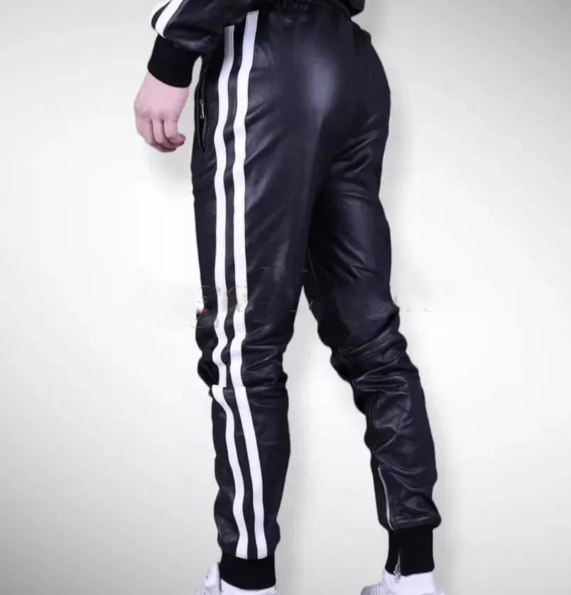 Men's New Leather Black Lambskin Sweat Pants. Real Soft Leather Joggers trouser.