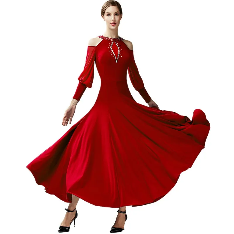 Mint Black Hollow Shoulder Ballroom Dance Dresses for Women Girls Waltz Tango Smooth Dance Long Gown